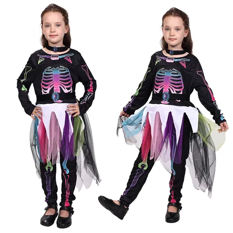 Girls Halloween Skeleton Costume Set Long Sleeve Top Pants And Mesh Skirt Spooky Party Cosplay Outfit