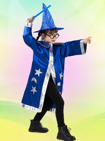 Kids Halloween Cosplay Magician Costume Star Moon Printed Cloak Hat Glasses Wand Party Dress Up Outfit For Girls