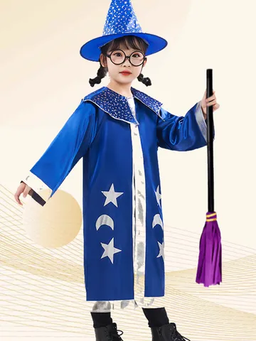 Kids Halloween Cosplay Magician Costume Star Moon Printed Cloak Hat Glasses Wand Party Dress Up Outfit For Girls