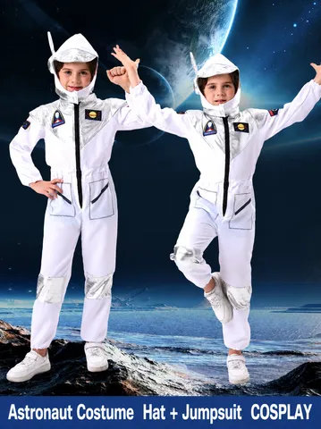 Kids Astronaut Cosplay Costume Halloween Stage Performance Jumpsuit With Hat White Space Man Outfit For Children Party