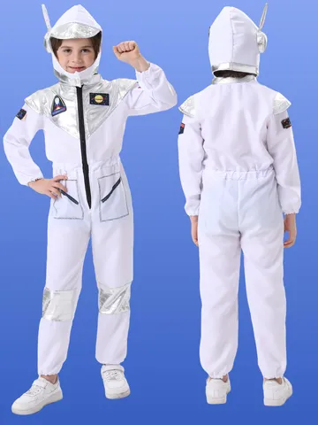 Kids Astronaut Cosplay Costume Halloween Stage Performance Jumpsuit With Hat White Space Man Outfit For Children Party
