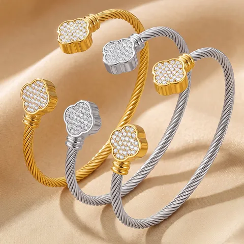 Minimalist Stainless Steel Twisted Cable Clover Open Bangle Bracelet For Women Fashion Rhinestone Cuff Jewelry