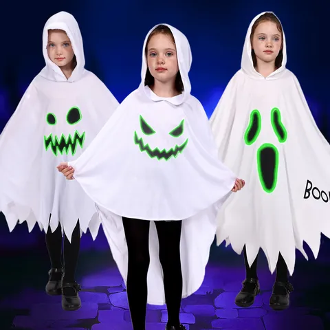 Παιδικό Halloween Φωσφοριζέ Φάντασμα Κάπα με Κουκούλα Στολή Λευκό Πόντσο Πάρτι