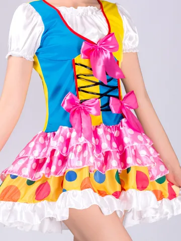 Costume de Clown Adulte pour Femmes Fête de Cirque Robe Fantaisie Tenue à Pois Colorés Vêtements de Performance de Mascarade