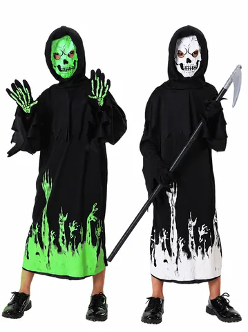 Costume da Mietitore di Halloween per Bambini Vestito con Cappuccio e Stampa Scheletro