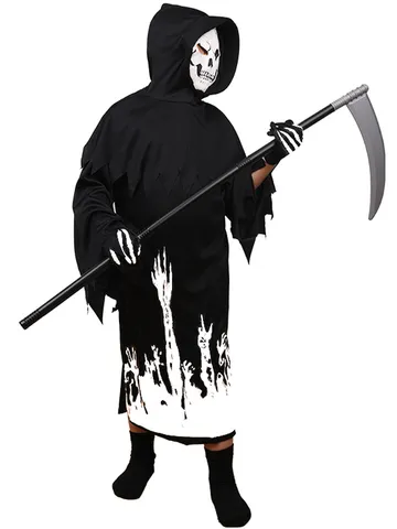 Costume da Mietitore di Halloween per Bambini Vestito con Cappuccio e Stampa Scheletro