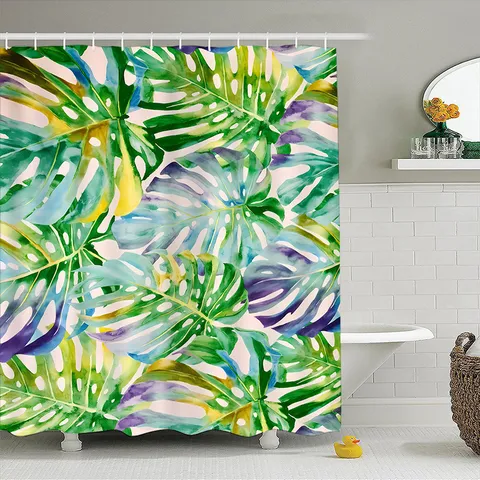 Waterproof Shower Curtain Tropical Plant Flamingo Digital Print Fabric Bathroom Partition Curtain Washable Home Decor