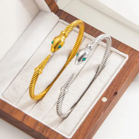 Titanium Steel Snake Head Cable Wire Bangle For Women Rhinestone Green Eyes PVD Gold Silver Plated Punk Open Cuff Bracelet