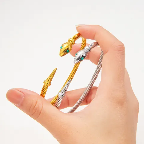 Titanium Steel Snake Head Cable Wire Bangle For Women Rhinestone Green Eyes PVD Gold Silver Plated Punk Open Cuff Bracelet