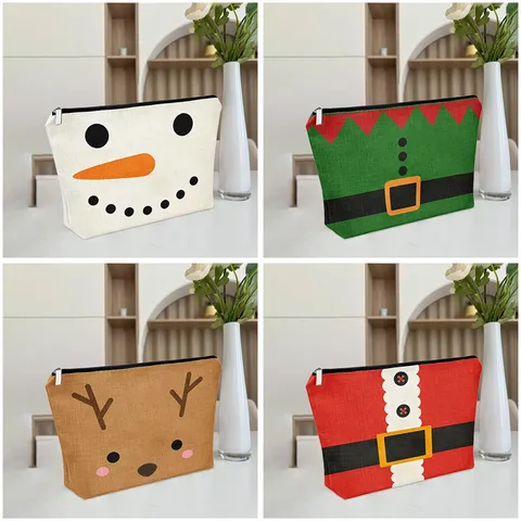 Christmas Theme Printed Linen Cosmetic Bag Cute Large Capacity Portable Makeup Pouch Travel Storage Bag Holiday Gift