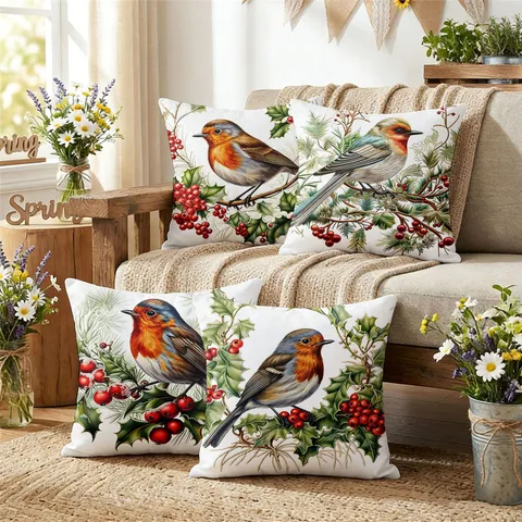 Noël Oiseau Baies Rouges Imprimer Housse de Coussin Lin Peluche Courte Housse Décorative Pour Canapé Décoration de Fête