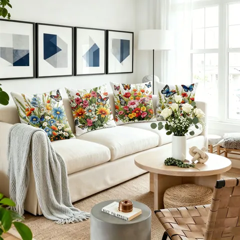 Spring Floral Butterfly Decorative Cushion Cover Modern Minimalist Square Pillow Case For Living Room Bedroom