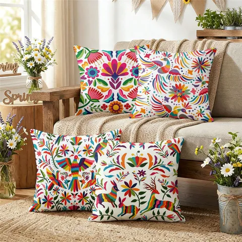 Mexican Style Decorative Pillow Cover Colorful Floral Geometric Print Linen Cushion Cover For Living Room Sofa Home Decor