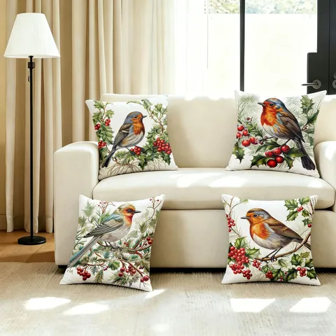 Noël Oiseau Baies Rouges Imprimer Housse de Coussin Lin Peluche Courte Housse Décorative Pour Canapé Décoration de Fête