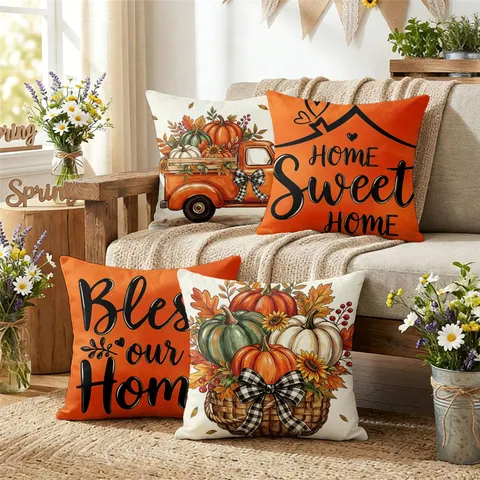 Federa per Cuscino Autunnale del Ringraziamento Zucca Foglia d'Acero Camion Stampato Decorativo per Divano di Casa Soggiorno