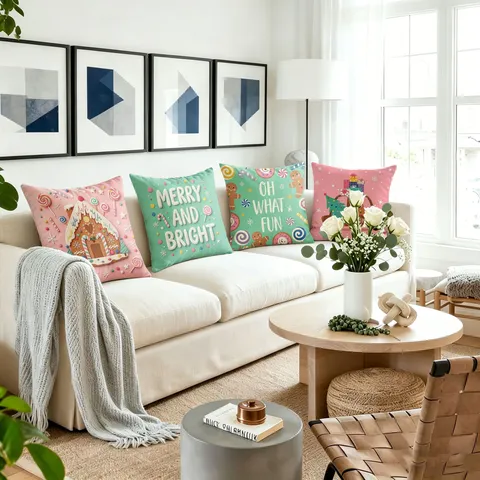 Natale Casa di Pan di Zenzero Stampa Federa per Cuscino Nordico Decorativo per Divano Letto Arredamento