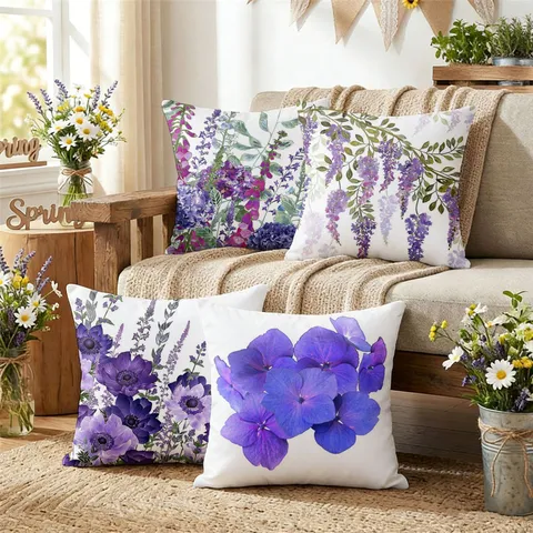 Housse de Coussin Imprimé Floral Lavande Style Nordique Housse de Coussin en Lin Sans Noyau Décoration de Canapé de Lit