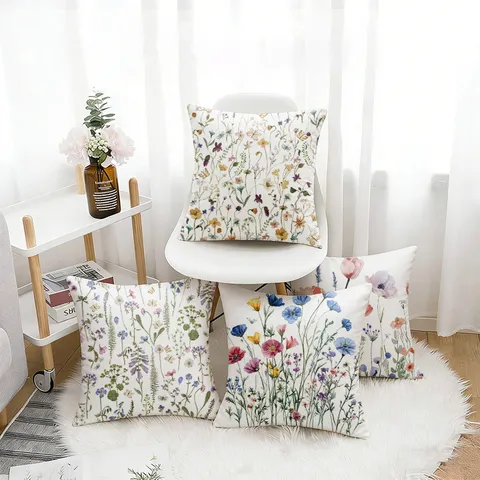 Housse de Coussin Décorative Fleur Sauvage Aquarelle Style Pastoral Housse de Coussin Décoration