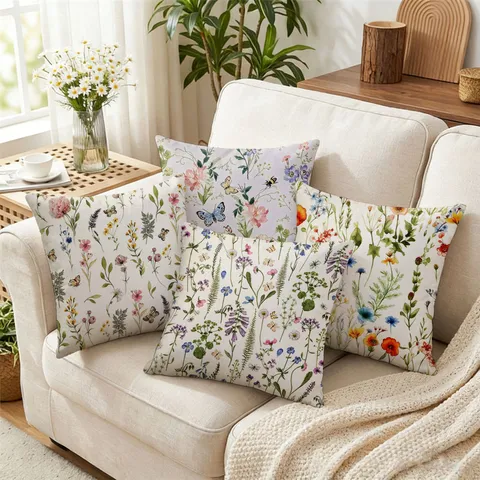 Funda de Cojín Decorativa con Flores Bohemias de Poliéster Piel de Melocotón para Sofá Sala de Estar