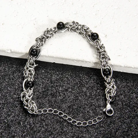 Men Stainless Steel Cuban Link Bracelet Black Agate Beaded Chain Punk Hip Hop Wristband Fashion Jewelry Gift Idea