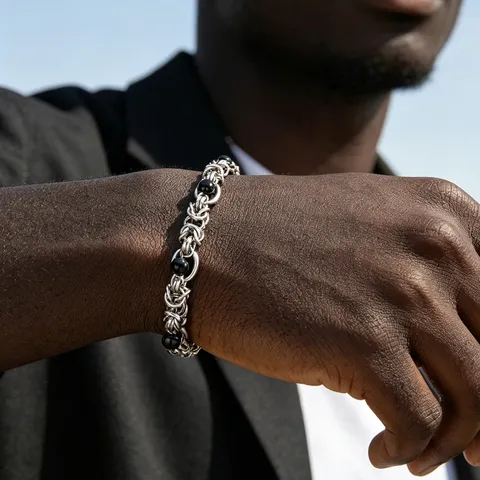 Men Stainless Steel Cuban Link Bracelet Black Agate Beaded Chain Punk Hip Hop Wristband Fashion Jewelry Gift Idea