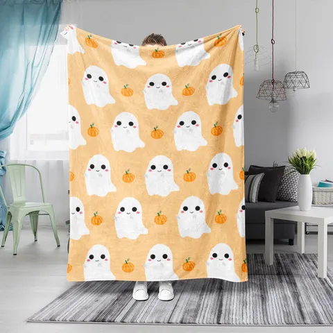 Halloween Ghost Pumpkin Flannel Blanket Soft Warm Fleece Throw Blanket For Sofa Bed Office Couch Fall Holiday Home Decor