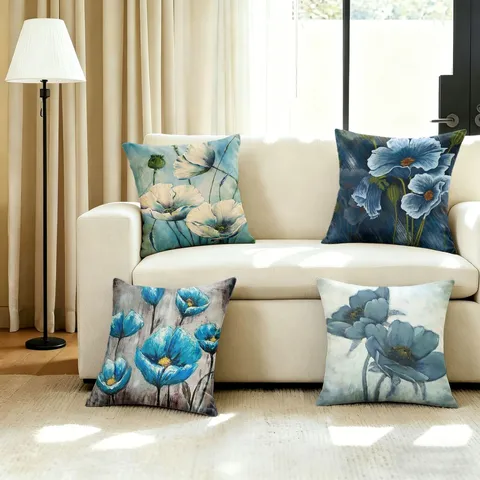 Retro Oil Painting Blue Floral Cushion Cover Modern Minimalist Polyester Decorative Pillow Case For Sofa Living Room