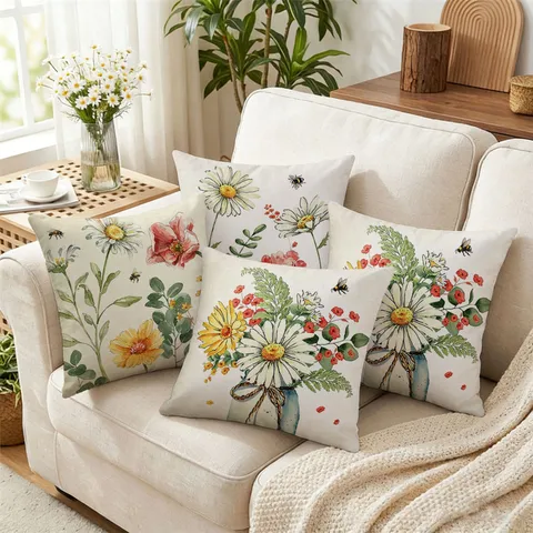 Daisy Bee Watercolor Floral Throw Pillow Case American Country Style Decorative Sofa Cushion Cover Soft Home Textile Pillowcase
