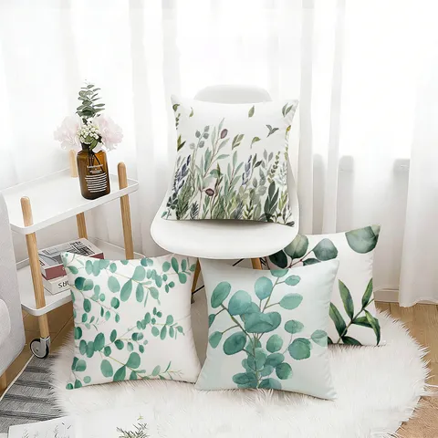 Estilo Nórdico Acuarela Hojas de Plantas Verdes Funda de Cojín Suave Piel de Melocotón Lino Funda de Almohada Sin Núcleo Cojín Decorativo