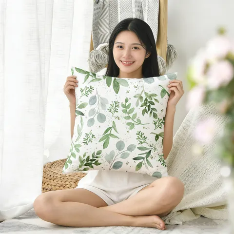 Estilo Nórdico Acuarela Hojas de Plantas Verdes Funda de Cojín Suave Piel de Melocotón Lino Funda de Almohada Sin Núcleo Cojín Decorativo