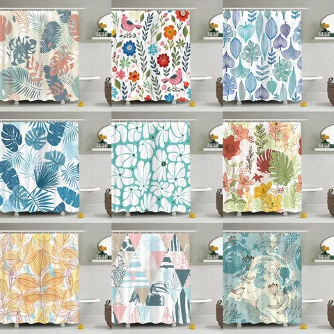 Waterdichte Douchegordijn Voor Badkamer Frisse Plant Blad Bloemen Print Stof Badgordijn Met Haken Moderne Huisdecoratie