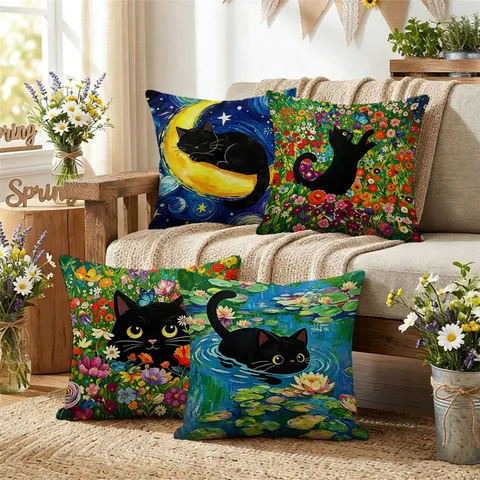 Funda de Cojín Decorativa Cuadrada Estampado Gato Negro Pintura al Óleo Vintage para Sofá Cama Decoración del Hogar