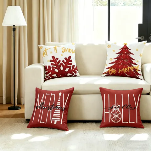 Christmas Red And White Throw Pillow Cover Snowflake Letter Printed Cushion Case Festive Holiday Sofa Home Decor