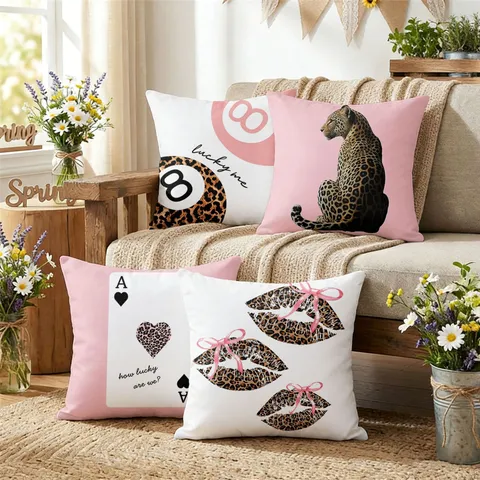 Ins Pink Leopard Print Poker Lips Decorative Pillow Cover Soft Polyester Cushion Cover For Sofa Home Decor