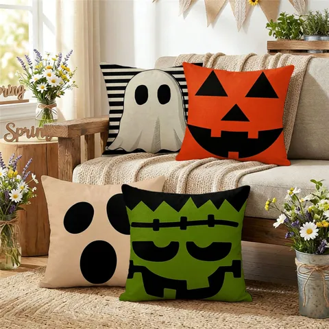 Housse de Coussin Décorative en Lin Fantôme Citrouille d'Halloween
