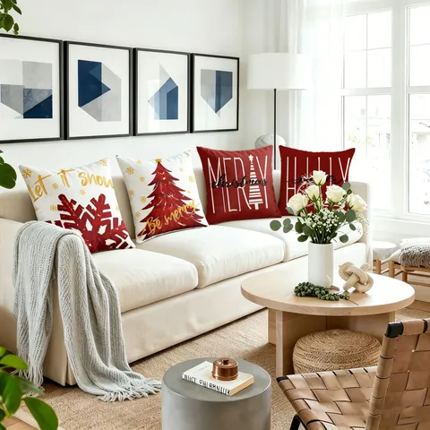 Christmas Red And White Throw Pillow Cover Snowflake Letter Printed Cushion Case Festive Holiday Sofa Home Decor