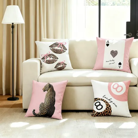 Ins Pink Leopard Print Poker Lips Decorative Pillow Cover Soft Polyester Cushion Cover For Sofa Home Decor
