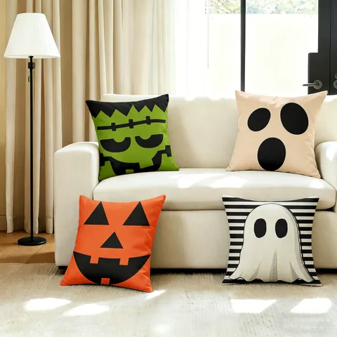 Housse de Coussin Décorative en Lin Fantôme Citrouille d'Halloween