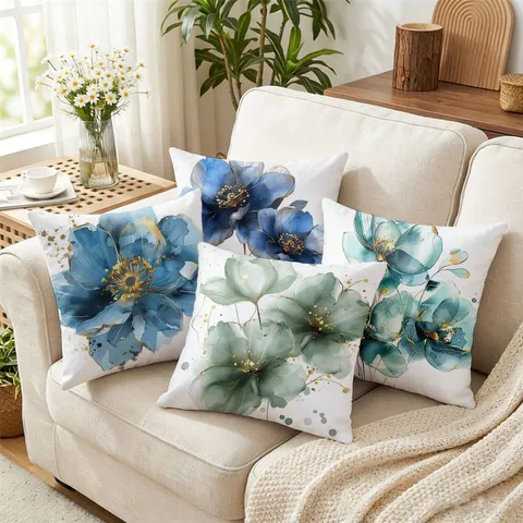 New Chinese Style Ink Blue Green Floral Pillow Cover Watercolor Flower Sofa Cushion Decorative Throw Pillow Cover For Home Decor