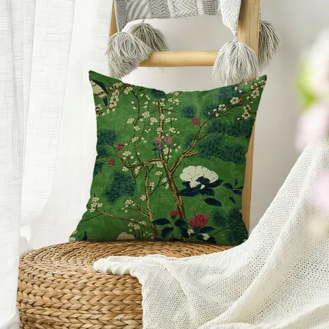 New Chinese Style Plant Green Floral And Bird Print Throw Pillow Cover Sofa Decorative Cushion Cover Polyester Pillowcase