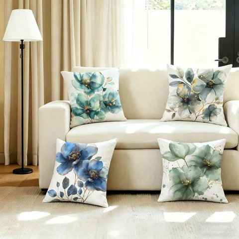 New Chinese Style Ink Blue Green Floral Pillow Cover Watercolor Flower Sofa Cushion Decorative Throw Pillow Cover For Home Decor
