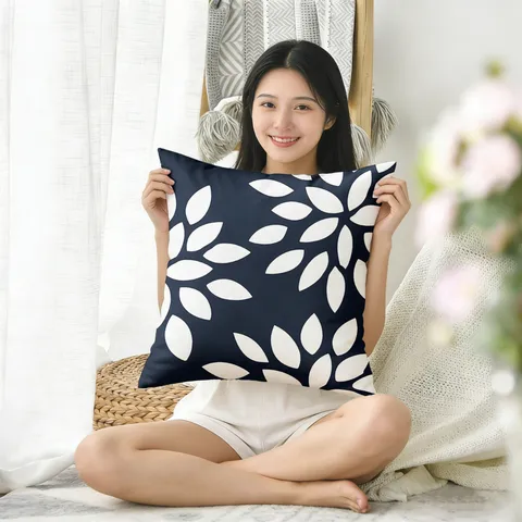 Housse de Coussin Décorative Moderne Bleu Marine Et Blanc Motif Géométrique Floral Style Nordique Housse de Coussin Carrée Pour La Maison