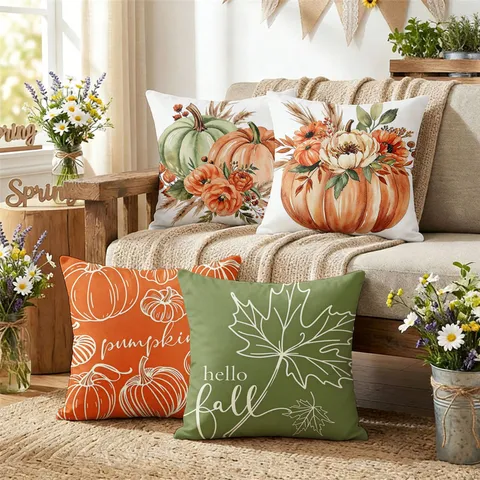 Fodera per Cuscino Decorativa Stampata Zucca Foglia d'Acero Ringraziamento Autunno Morbido Casa Soggiorno Divano