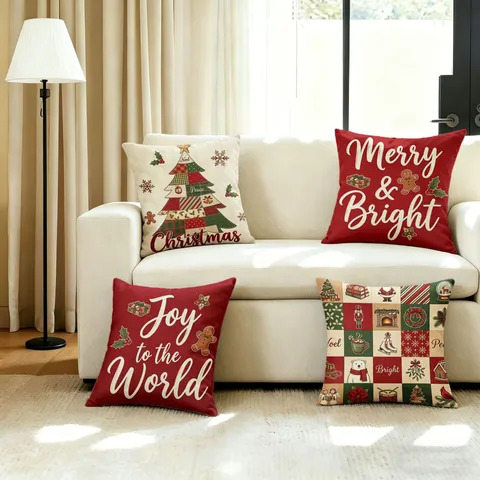 American Vintage Christmas Pillow Cover Gingerbread Man Plaid Christmas Tree Printed Cushion Cover For Sofa Living Room Home Decor