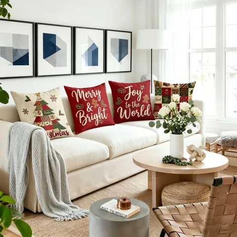 American Vintage Christmas Pillow Cover Gingerbread Man Plaid Christmas Tree Printed Cushion Cover For Sofa Living Room Home Decor