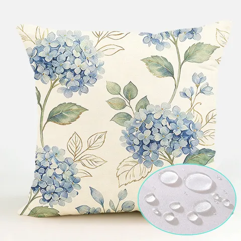 Waterdichte Polyester Kussenhoes Nordisch Blauw Hortensie Bloem Vierkant Decoratief Bank Kussen Huisdecoratie