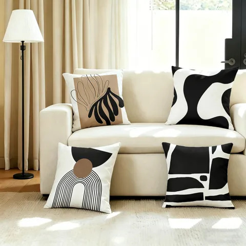 Housse de Coussin Décorative Imprimé Géométrique Noir et Blanc Moderne Ligne Art Abstrait Housse de Coussin de Canapé