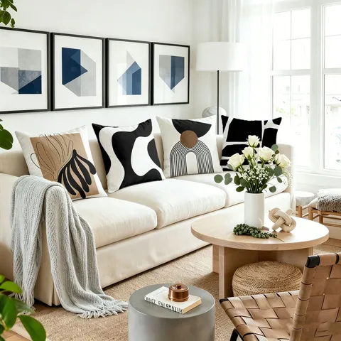 Housse de Coussin Décorative Imprimé Géométrique Noir et Blanc Moderne Ligne Art Abstrait Housse de Coussin de Canapé
