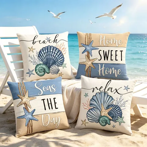 Waterproof Polyester Pillowcase Ocean Beach Seashell Starfish Print Decorative Throw Pillow Cover For Outdoor Sofa