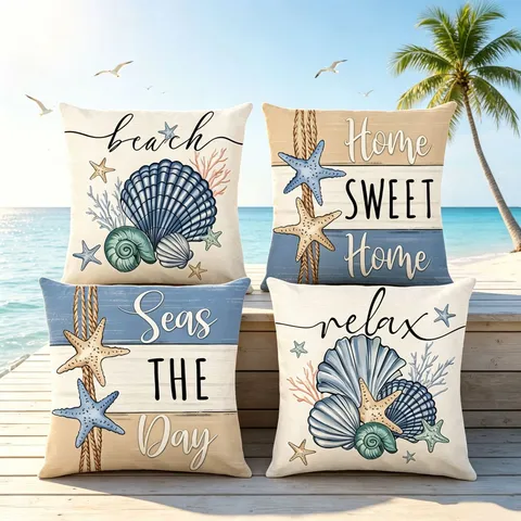 Waterproof Polyester Pillowcase Ocean Beach Seashell Starfish Print Decorative Throw Pillow Cover For Outdoor Sofa